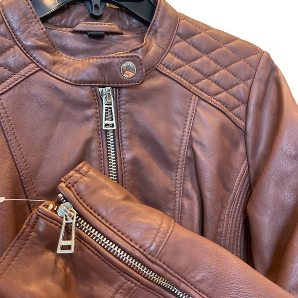 Guess Women's Cognac Quilted Leather Jacket  Size: Small - Picture 2 of 7